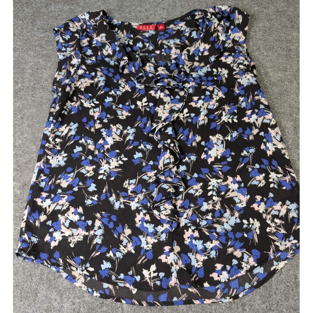 Elle V Neck Blouse Cap Sleeve Ruffle Neckline and Front Floral Blue EUC